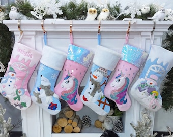 Children's Polar Bear, Baby Snowman, and Unicorn Christmas Snowman Personalized stocking with Applique