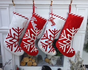 Grand bas de Noël personnalisé scandinave lumineux 23" flocon de neige de Noël moderne minimaliste rayures rouge blanc canne de bonbon