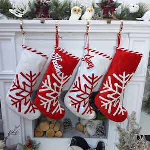 Light-Up Scandinavian Large 23" Personalized Christmas Stocking Christmas Snowflake Modern Minimalist Red White Candy Cane Stripes