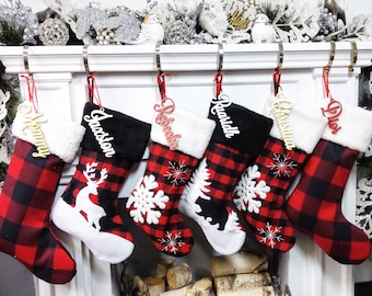 Buffalo Check Plaid Red Black White Faux Fur Lodge Deer Bear Snowflake Personalized Christmas Stockings Family Xmas 2019