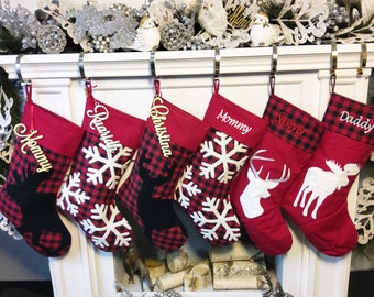 Modern Buffalo Check Plaid Red White Black Personalized Christmas Stockings Buck Deer Moose Snowflake Family Xmas 2022