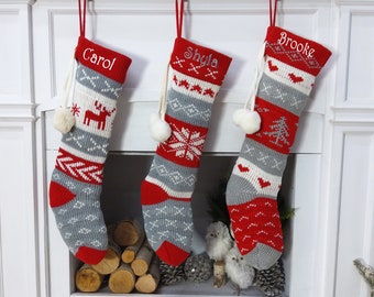 SALE! Red Grey White Fair Isle Personalized Large 22" Knitted Christmas Stockings Intarsia Knit Modern Christmas Stockings Holidays Monogram