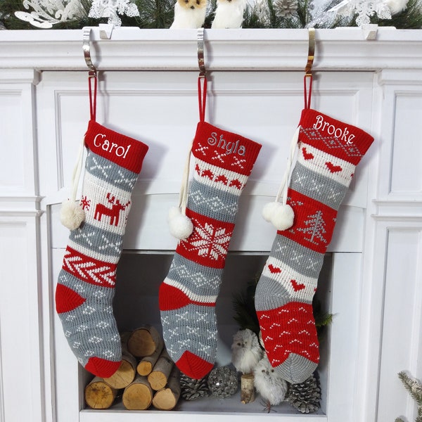 SALE! Red Grey White Fair Isle Personalized Large 22" Knitted Christmas Stockings Intarsia Knit Modern Christmas Stockings Holidays Monogram