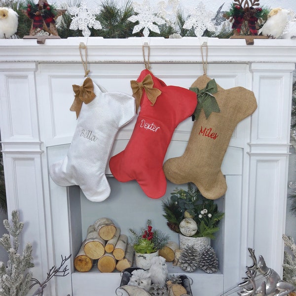 Dog Bone Christmas Stockings Christmas Decor Embroidered Personalized Holiday Pet with Bone Customized Embroidered with Dog's Name