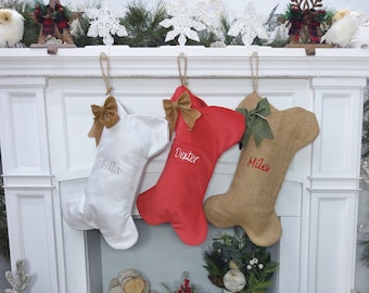 Dog Bone Christmas Stockings Christmas Decor Embroidered Personalized Holiday Pet with Bone Customized Embroidered with Dog's Name