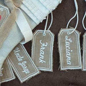 Tags Embroidered with names for Christmas Stockings Personalized Holiday Country Rustic Fabric Designer Names