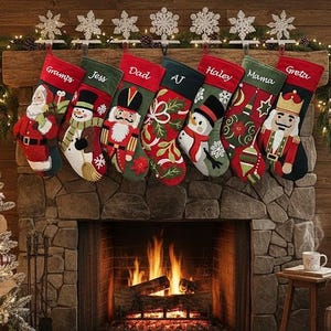 Whimsical Nutcracker Cute Snowman Santa Tufted Velvet Children&#39;s Christmas Stockings Embroidered and Personalized with Names Family Heirloom