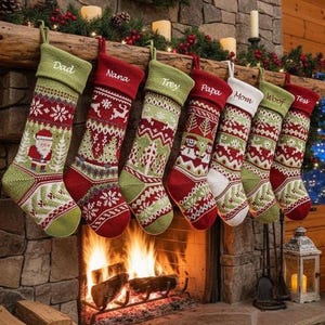 Knit Christmas Stockings Knitted 23" Fair Isle Deer, Snowflake, Santa, Snowman Custom Holiday Intarsia Family Pet Names