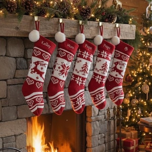 Embroidered Red White Fair Isle Personalized 20" Knitted Christmas Stockings Intarsia Knit Modern Snowflake Reindeer Tree Pom Pom Kids Xmas