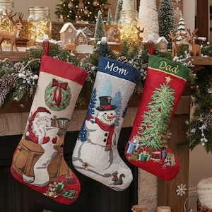 Vintage Tapestry Christmas Collection | Santa Snowman Tree Personalized Christmas Stockings Embroidered Name Wood Tag Classic Age-Old Decor