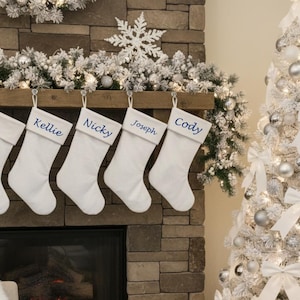 Simple White Velvet Christmas Stocking - Personalized Stocking With Silver Trim Twist Rope on the Cuff - Silver White Christmas Theme