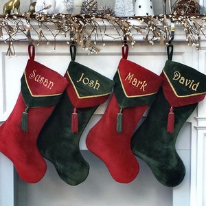 Designer Olive Velvet Christmas Stockings V-Cuff Tassel - Custom Embroidered with Names Burgundy Gold Classic Traditional Style Stocking