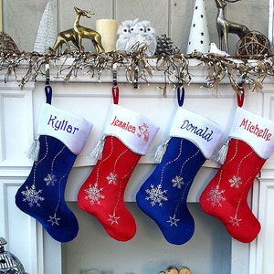 Personalized Christmas Stockings Snowflake Bling Red White Silver Blue