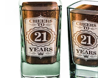 21st Birthday Shot Glass  Cheers to 21 Years Glass Custom Engraved Birthday Party Favor Present Guests 30th 40th 50th 60th 70th 80th Custom