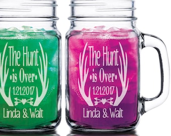 The Hunt is Over Personalized Engraved Set of 2 Mason Jars Wedding Gift Decoration Country Wedding Masons Custom His Her Bride Groom Glasses