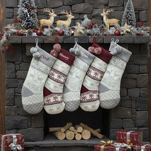 Elegant Silver Burgundy Knit Christmas Stockings Deer Snowflake Design, Pom Pom, Embroidered Name Tag Family Holiday Xmas Gift Bag Decor