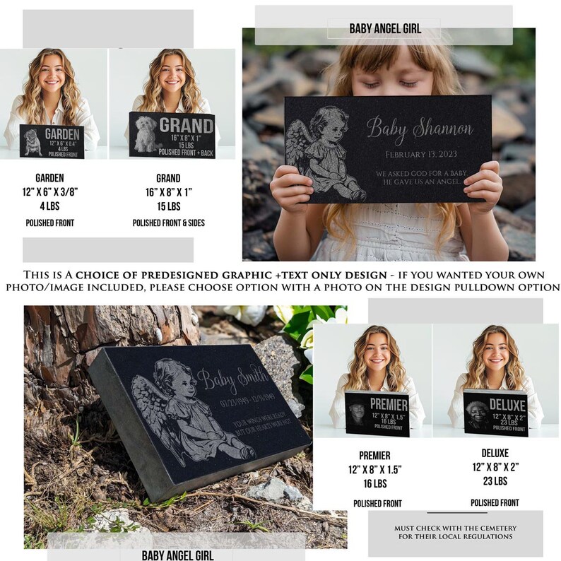 May include: Black granite memorial plaque with a baby angel design and the text "Baby Shannon, February 13, 2023, We asked God for a baby, He gave us an angel". The plaque is 12 inches by 8 inches and 1.5 inches thick. It weighs 16 pounds and is polished on the front.