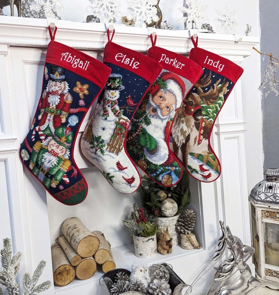 Floral Handmade Needlepoint Christmas Stocking Decorated Xmas Tree Santa  Clause