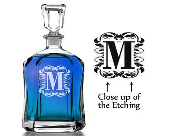 One Personalized 23.75 Oz Monogram Decanter Custom Engraved Whiskey Decanter Liquor Bottle Wedding, Housewarming, Groomsmen Gift Fathers Day