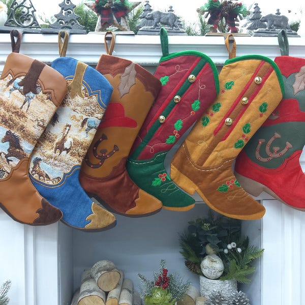 Custom Cowboy Boots Christmas Stockings Country Western Personalized with Embroidered Names or Monogram for Cowboys or Cowgirls