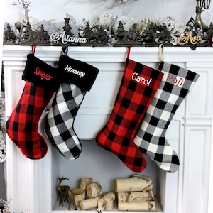 Modern Buffalo Check Plaid Red Grey White Black Farmhouse Personalized Christmas Stockings Family Xmas