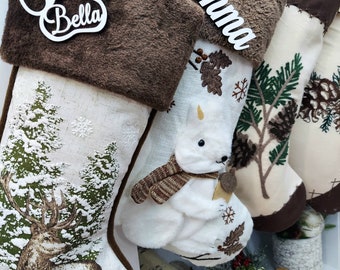 Woodland Lodge Deer Squirrel Fox Sherpa Christmas Stocking - White Brown Personalized Stockings Christmas Kids Children & Family 2023