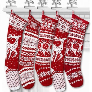 Knit Christmas Stockings Red White Reindeer or Snowflake Design Scandinavian Nordic Modern Holiday Theme Minimalist Look Custom Personalized