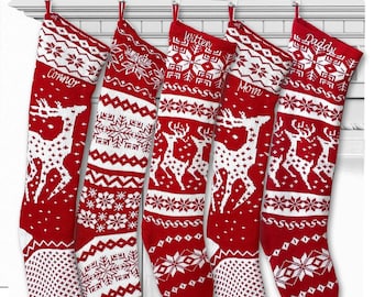 Bas de Noël en tricot motif renne blanc rouge ou flocon de neige scandinave nordique moderne thème des vacances look minimaliste personnalisé