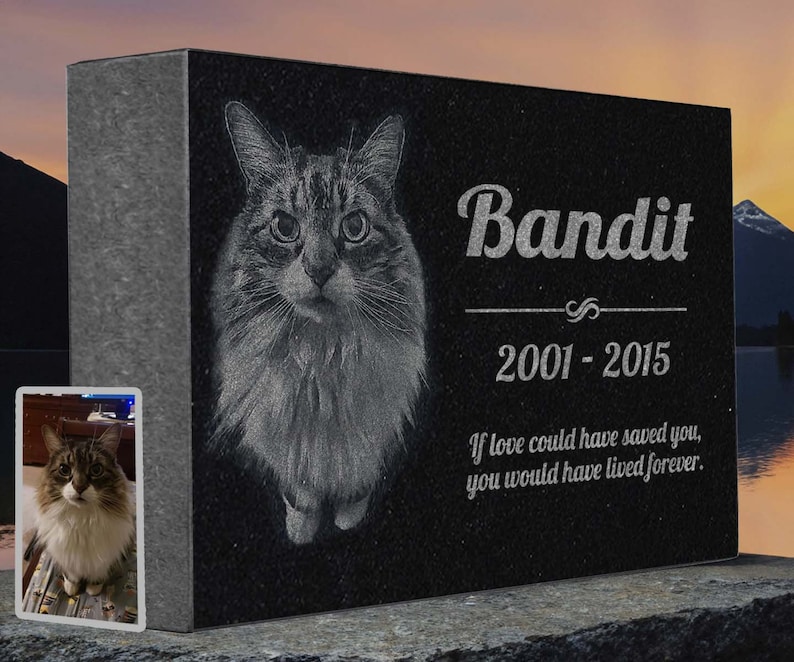 May include: Black granite pet memorial with a photo of a cat engraved on it. The text "Bandit 2001-2015" is engraved below the photo. The text "If love could have saved you, you would have lived forever." is engraved below the dates.