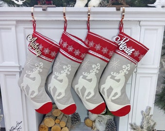 Scandinavian Personalized Stocking Tufted Deer With Snowflakes Embroidered or with Cutout Wood Name Tag Christmas Stockings Family Xmas 2022