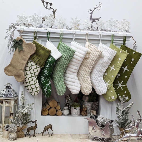 Sage Christmas Stockings in neutral cream and  green  and white custom personalized embroidered names 2025