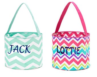 Personalized Easter Bucket - Aqua Chevron for Boys or Pink Multi Girls Name or Monogram Embroidered Perfect Storage Basket Girft for Child