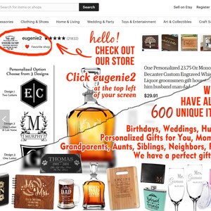 Puede incluir: Tienda Etsy con regalos personalizados. La imagen muestra decantadores grabados, tablas de cortar, petacas y cristaler&iacute;a. El texto incluye "eugenie2" y "Regalos personalizados para ti, mam&aacute;, pap&aacute;, abuelos..."