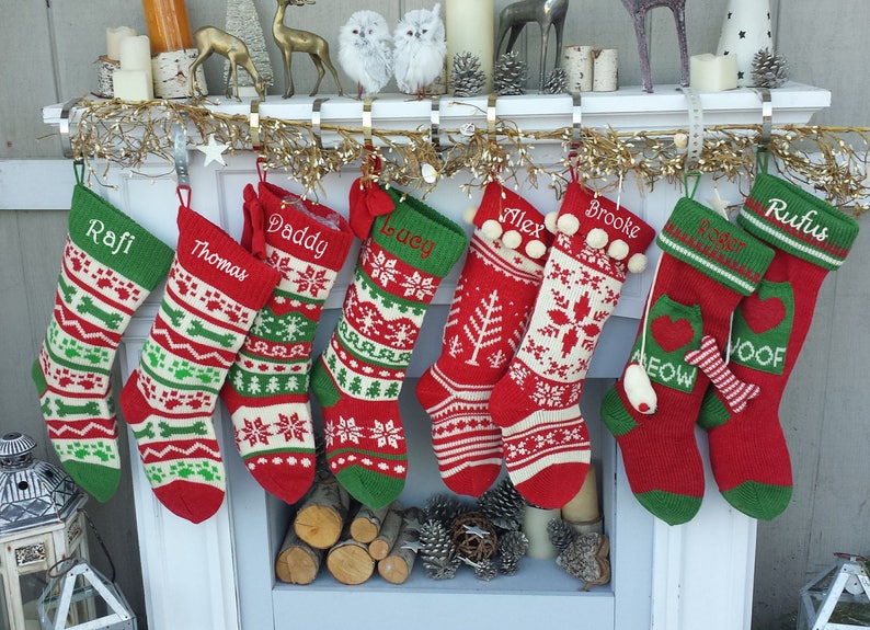 Knitted Christmas Stockings Red IVORY Green Fun Snowflake Family with Pets Cat Mouse Meow and Dog Bone Woof Knit Personalized Embroidered image 3