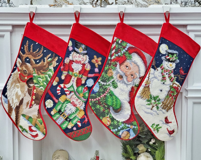 Needlepoint Christmas Stockings Personalized Santa Nutcracker Reindeer Old World Finished Embroidered Stockings with Names image 2
