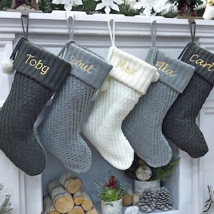 Modern Cable Knit Christmas Stockings Smoky, Ivory, Grey Personalized with Cutout Wood Name Tag Custom Xmas 2024 Stocking Decor