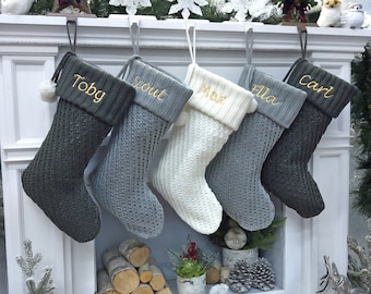 Modern Cable Knit Christmas Stockings Smoky, Ivory, Grey Personalized with Cutout Wood Name Tag Custom Xmas 2023 Stocking Decor