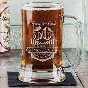 50th 40th 30th 20th 10th Anniversary 16 Oz Beer Mug Engraved Couple's Name Anniversary Design Gift Idea Personalized Drinking Glass Etched