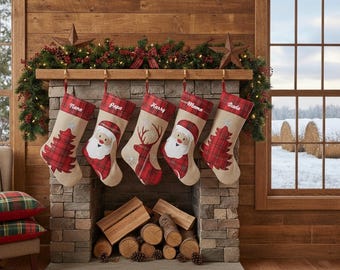 Meias de Natal personalizadas com estampa xadrez de veado, Papai Noel e árvore de Natal, em juta, estilo country, para crianças e famílias, Natal 2025.
