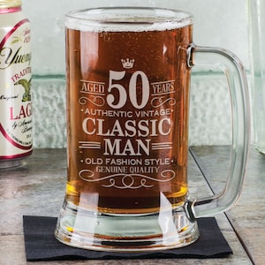50th Birthday Classic Man 16Oz Beer Mug Stein Glass Engraved Father Gift Idea Etched Birthday Gift from Son Daugther Present