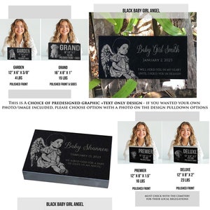 May include: Black granite memorial plaque with a baby angel graphic and the text "Baby Girl Smith, January 2, 2023, I will hold you in my heart until I hold you in heaven". The plaque is available in three sizes: Garden (12" x 6" x 3/8", 4 lbs), Grand (16" x 8" x 1", 15 lbs), and Deluxe (12" x 8" x 2", 23 lbs).