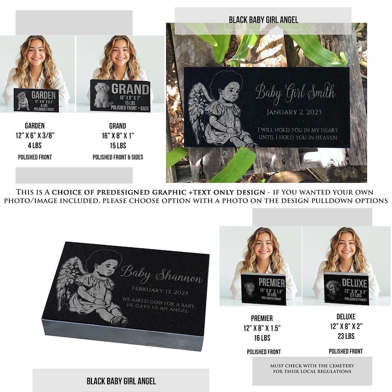 May include: Black granite memorial plaque with a baby angel graphic and the text "Baby Girl Smith, January 2, 2023, I will hold you in my heart until I hold you in heaven". The plaque is available in three sizes: Garden (12" x 6" x 3/8", 4 lbs), Grand (16" x 8" x 1", 15 lbs), and Deluxe (12" x 8" x 2", 23 lbs).