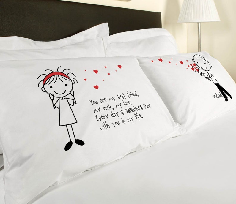 Valentines Day Gift Cute Heart Gift Pillowcases for Boyfriend Girlfriend Couple Anniversary Personalized Stick People Love Valentine's image 5