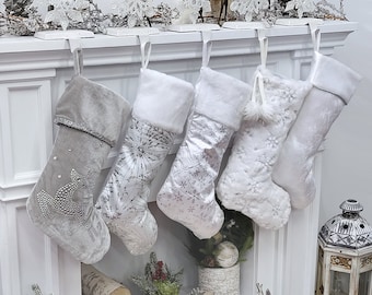 Personalized Elegant Silver White Christmas Stockings - 20" Silver Glitter or Sequin and Satin Velvet Christmas Stocking Monogram Names