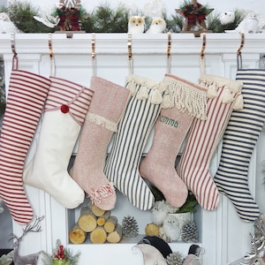 Red White Cottage Stripe Personalized Christmas Stockings with Wooden Name Tags or Embroidered Customization