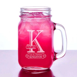 Initial Mason Jar Wedding Glasses Custom  Name Date Wedding Party Personalized Mugs with Handle Bridesmaid Groomsmen Wedding Favor Gift