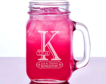 Initial Mason Jar Wedding Glasses Custom  Name Date Wedding Party Personalized Mugs with Handle Bridesmaid Groomsmen Wedding Favor Gift