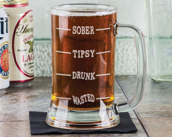 16 Oz SOBER Tipsy Drunk WASTED Funny Beer Glass Mug Engraved Gag