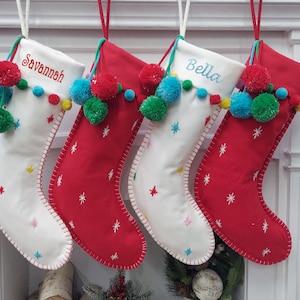 Cute Boho Pom Pom Christmas Stockings Modern in Red White with Fun Dots Confetti Personalized with Name for Her, Girls or Family Holidays