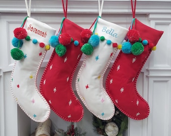 Cute Boho Pom Pom Christmas Stockings Modern in Red White with Fun Dots Confetti Personalized with Name for Her, Girls or Family Holidays